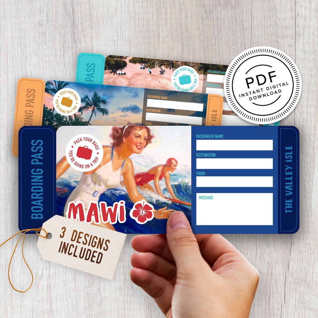 Maui Printable Surprise Trip Tickets Vacation Ticket Boarding Pass