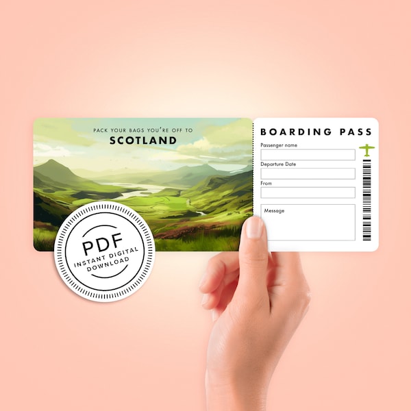 Scotland Surprise Trip Tickets - Vacation Ticket - Boarding Pass - Print at Home- Personalised Editable Gift - PDF Instant Download