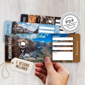 Zion National Park Printable Surprise Trip Tickets - Vacation Ticket - Boarding Pass - Print at Home