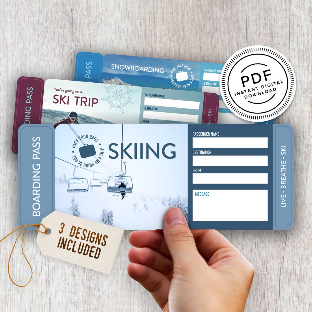Skiing & Snowboarding Printable Surprise Trip Tickets Vacation Ticket