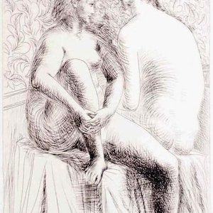 May include: A black and white sketch of two figures in a room with a floral patterned wallpaper. One figure is seated, holding their leg, while the other stands nearby. The artwork is a study of the human form.
