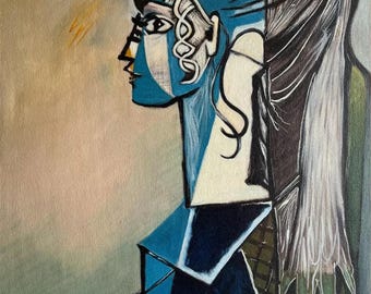 May include: A cubist style painting of a woman with blue and white geometric shapes, wearing a blue hat and sunglasses. Her hair is pulled back in a ponytail. The background is a light brown color.