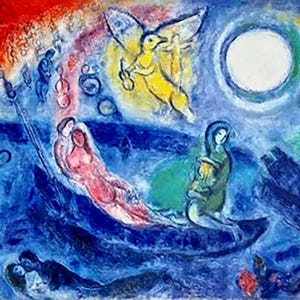 Pode incluir: Uma pintura abstrata colorida com fundo azul, apresentando um grupo de figuras, um pássaro e a Torre Eiffel. A pintura é feita em um estilo que lembra Marc Chagall.
