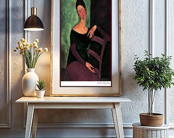 May include: A painting of a woman sitting in a chair. She is wearing a black dress and has dark hair. The background is a green and brown color.