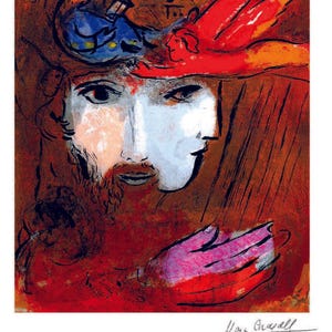 May include: A print of a painting by Marc Chagall, featuring a face with a white and red beard, a blue and red hat, and a red hand. The artwork has a warm color palette with red, brown, and blue hues.