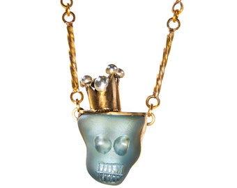 Carved beach glass skull pendant necklace with custom handmade chain and clasp