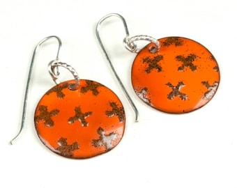 Tangerine orange enameled earrings, Enamel dome art jewelry earrings