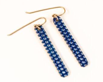 Cute blue digital dangle earrings, recycled computer circuit board on 14kt Gold