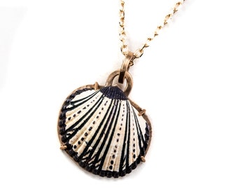 Hand-Painted Sea Shell Pendant Necklace, Nautical Bronze Setting
