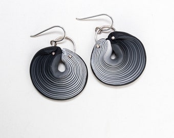 Polymer Clay Swirl Earrings, Black and White Earrings, Sterling Silver Round Earrings