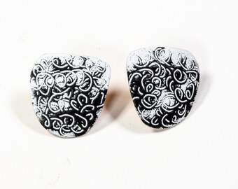 Warrior Princess earrings, black and white enamel, modern take on traditional chainmail design