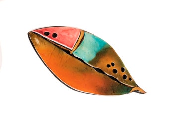 Colorful California Style Leaf Brooch in Polymer Clay