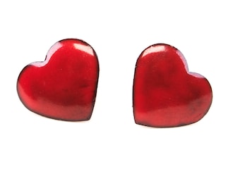 Red Enamel Heart Stud Earrings Handmade Copper Jewelry Colorful Small Post