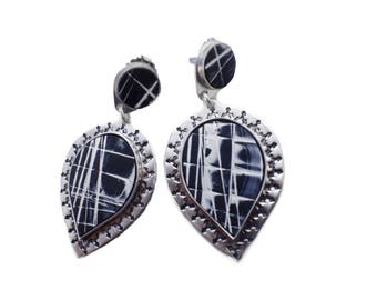 Stylish modern Black and White sterling silver and Corlite fashion dangle earrings