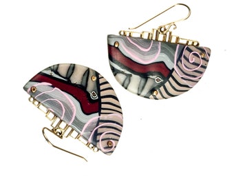 Fun modernist design Polymer Clay earrings, Art Jewelry earrings,  Pendant Half moon earrings