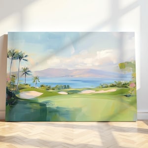 Pintura de golfe em Wailea, Havaí, arte de parede para campo de golfe em Maui, decoração tropical de golfe, impressão abstrata de golfe, pôster de paisagem em tela de golfe havaiano para presente