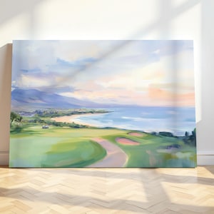 Pintura de golfe em Kapalua, Havaí, arte de parede de golfe tropical, decoração de golfe em ilha, arte abstrata de golfe, pôster de golfe costeiro para presente, impressão de paisagem em tela