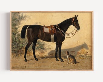 Horse and Dog Wall Art, Vintage Equestrian Print, Brown Saddled Horse with Dog, Rustic Farm Decor, Country Stable Painting, Pet Lover Gift