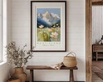 Mont Blanc Chamonix Travel Poster, French Alps Wall Art, Mountain Landscape Print, Floral Art, Nature Artwork, Birthday Gifts for Hikers