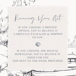 May include: A text-based image with a light blue background and a white border. The text reads "Receiving Your Art" and explains how customers will receive their art, either as a printed piece or a digital download.