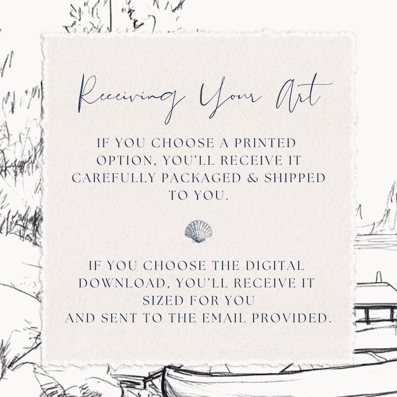 May include: A text-based image with a light blue background and a white border. The text reads "Receiving Your Art" and explains how customers will receive their art, either as a printed piece or a digital download.