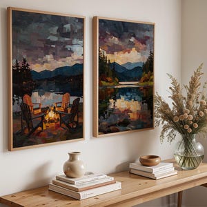 Abstract Lake Art Print Set, Campfire Arts Wall Decor, Adirondack Chair Art Painting, Lake Art Poster, Minimalist Landscape, Lake House Art