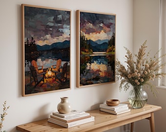 Arte abstrata de lago para download, decoração de parede com tema de fogueira, pintura artística de cadeira Adirondack, pôster de arte de lago, paisagem minimalista, arte para casa de lago.