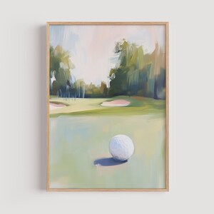 May include: A painting depicting a golf ball on a green golf course with trees in the background. The sky is a light blue with a pink hue.