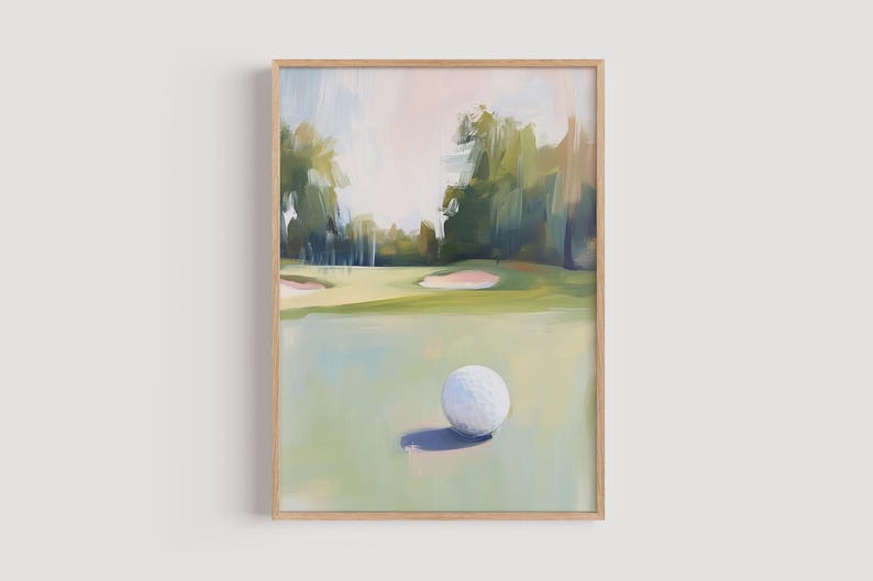 May include: A painting depicting a golf ball on a green golf course with trees in the background. The sky is a light blue with a pink hue.