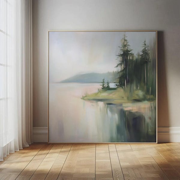 Abstract Lake Art Print Canvas, Modern Abstract Lake, Abstract Lake Art, Modern Lake Painting, Green Minimalist Landscape, Lake House Art
