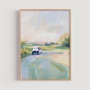 May include: A painting of a white golf buggy driving on a green golf course with a light blue sky in the background.