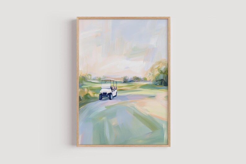 May include: A painting of a white golf buggy driving on a green golf course with a light blue sky in the background.
