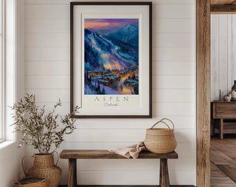 Aspen Colorado Travel Poster, Winter Ski Resort Wall Art, Mountain Snow Landscape, Aspen Ski Town Print, Winter Vacation Art, Christmas Gift