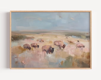 Abstract Yellowstone Bison Buffalo Download, Western Wall Decor, Digital Wildlife Landscape Painting, Rustic Fine Art Poster Download