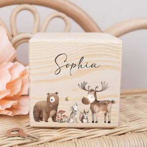 Hucha madera animales del bosque, hucha niño, regalo bautizo, hucha personalizada, regalo bebe nacimiento, regalo para empezar el colegio, regalo dinero
