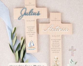 Personalisiertes Kommunion Kreuz aus Buchenholz mit Name , Geschenk zur Erstkommunion Junge Mädchen, Erinnerung Konfirmation
