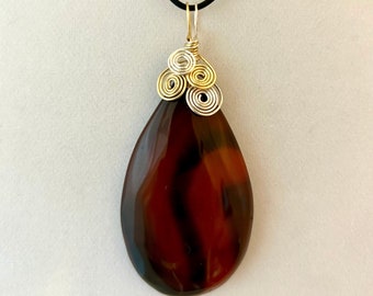 AGATE in Delicious Shades of Brown and Black, Silver and Gold Wire Wrapped Gemstone Pendant with 2 Necklaces OOAK, Free Shipping in USA