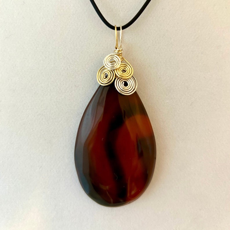 AGATE in Delicious Shades of Brown and Black, Silver and Gold Wire Wrapped Gemstone Pendant with 2 Necklaces OOAK, Free Shipping in USA image 1