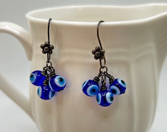 Turkish EVIL EYE Amulet Earrings for Good Luck, Free Shipping in USA, Blue, Black, White and Antiqued Gunmetal, gift