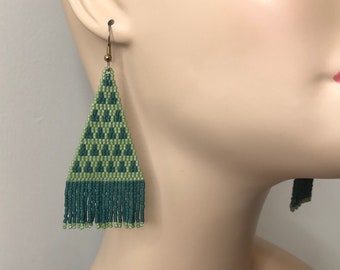 ABSTRACT EVERGREEN Handwoven, Beaded Fringe Earrings, Free Shipping in U.S.A., Large Hand beaded Earrings,  Statement Earrings, Ooak