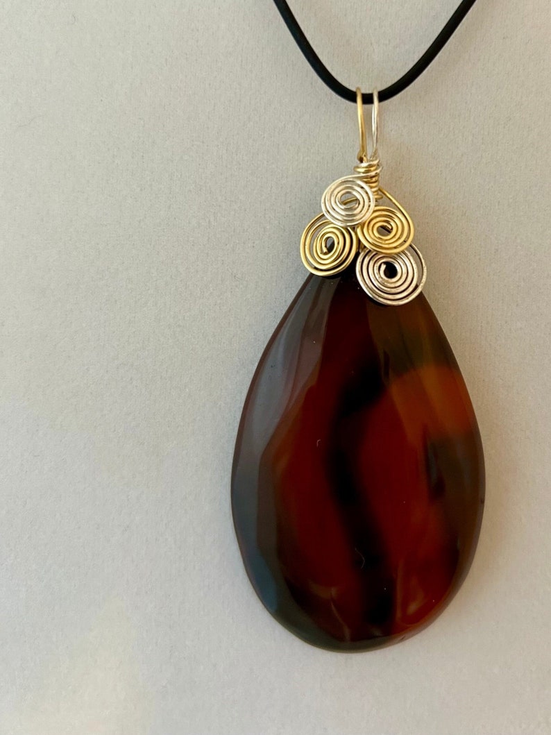 AGATE in Delicious Shades of Brown and Black, Silver and Gold Wire Wrapped Gemstone Pendant with 2 Necklaces OOAK, Free Shipping in USA image 3