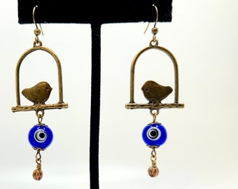 Bird on a Swing EVIL EYE Amulet Earrings for Good Luck, Free Shipping in USA, Antiqued Bronze with Blue, Gift, Ooak