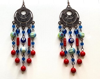 Evil Eye Amulet Earrings in Copper, Millefiori, Red Coral and Blue Czech Glass Beads, One of a Kind, Free Shipping in USA