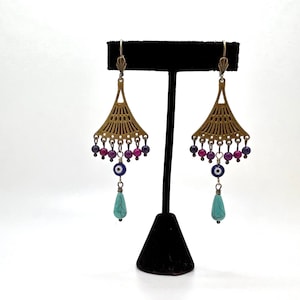 Egyptian Goddess Chandelier Earrings in Bronze with Turquoise and Mountain Jade, with Evil Eye Amulets,  One of a Kind Gift