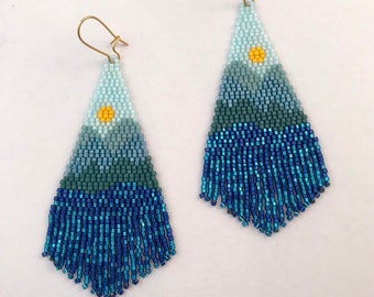 Lake by the Mountains Landscape Earrings, Handwoven, Beadwork, Fringe Earrings, Long, Hand-beaded, Abstract Scenery, Free Shipping in USA