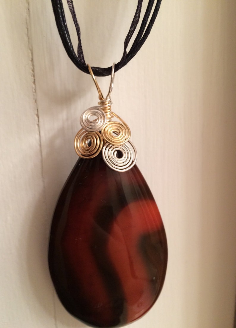 AGATE in Delicious Shades of Brown and Black, Silver and Gold Wire Wrapped Gemstone Pendant with 2 Necklaces OOAK, Free Shipping in USA image 6
