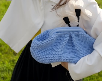 Bolso de mano de crochet azul claro con forma de nube para bodas y eventos especiales, bolso de mano de novia