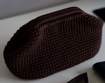 Handmade Crochet Clutch Bag: Brown Yarn Kiss Lock Purse