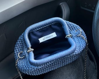 Blaue Kiss Lock Clutch Tasche: Damen Mini Geldbörse mit Kettenriemen, Hochzeitshandtasche