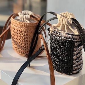 Raffia Crochet Bucket Bag | Leather Strap | Boho Summer Purse for Women